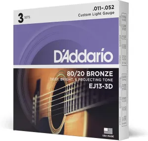 D'Addario Acoustic Guitar Strings - 80/20 Bronze - For 6 String Guitars - Deep, Bright, Projecting Tone - EJ13-3D - Custom Light, 11-52 - 3-Pack