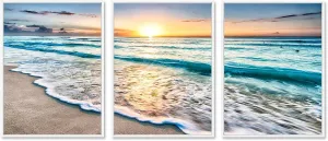 Daktenn 3-Piece Canvas Wall Art for Bedroom - Ocean & Beach Pictures, Sunset Landscape, Coastal Beach Wall Decor (White Framed, 18x24)