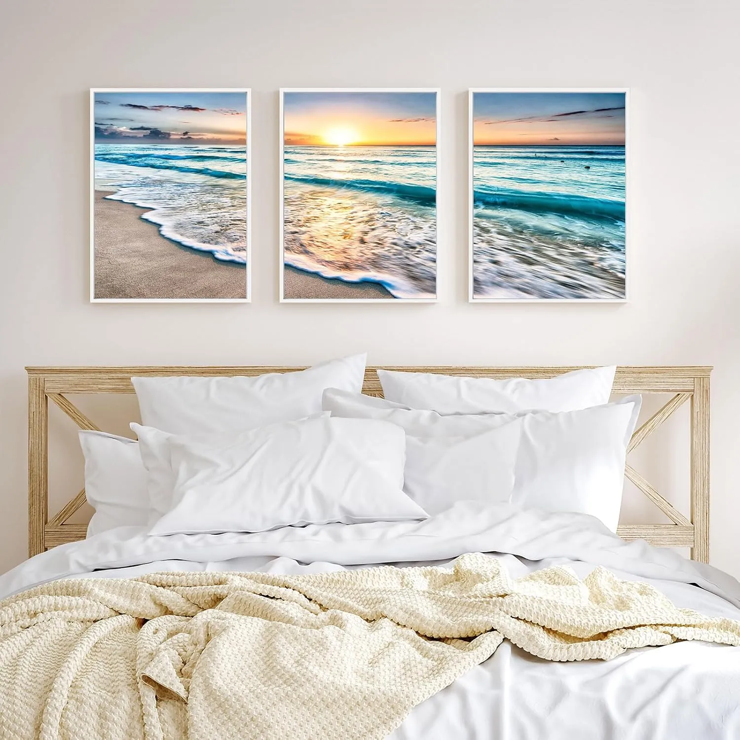 Daktenn 3-Piece Canvas Wall Art for Bedroom - Ocean & Beach Pictures, Sunset Landscape, Coastal Beach Wall Decor (White Framed, 18x24)