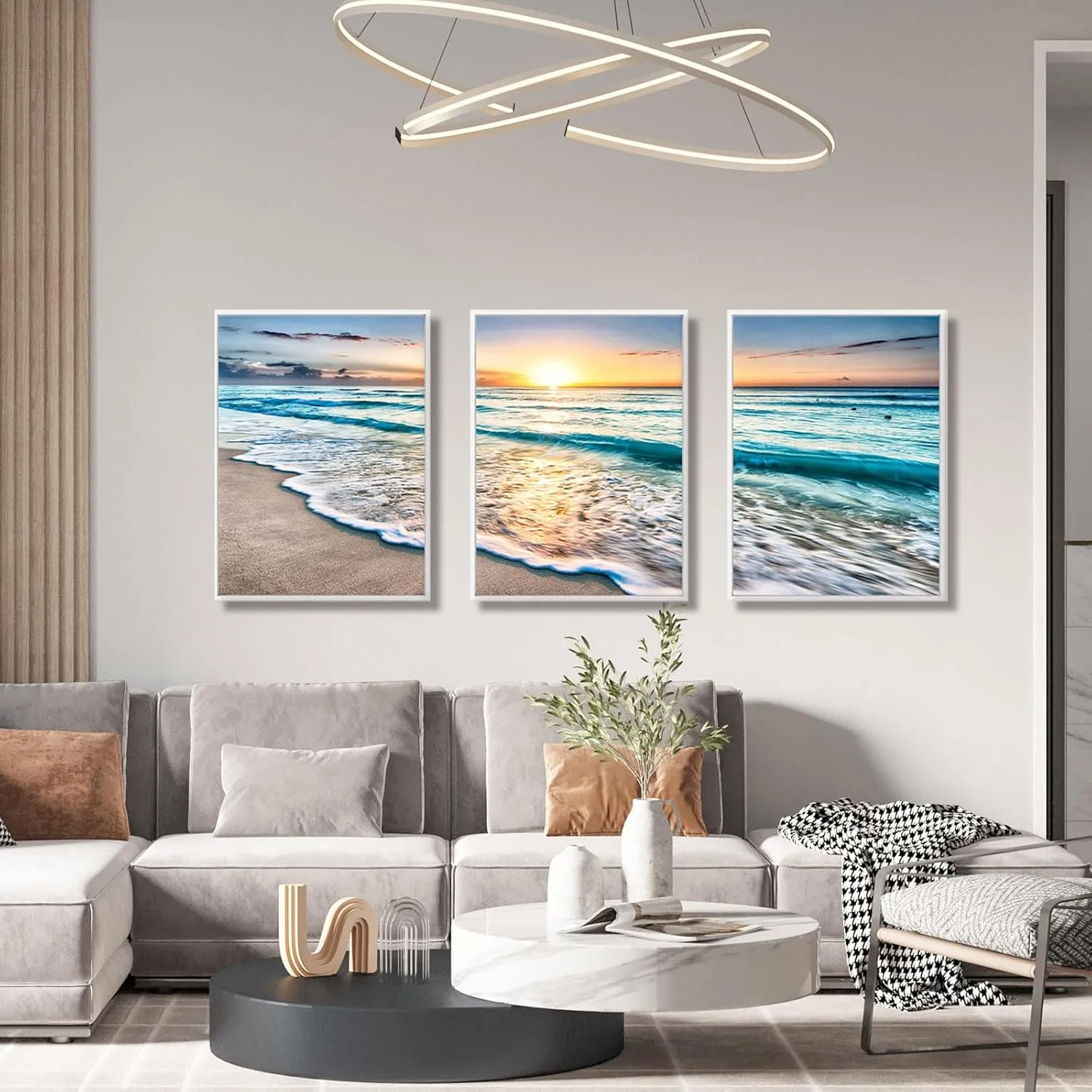 Daktenn 3-Piece Canvas Wall Art for Bedroom - Ocean & Beach Pictures, Sunset Landscape, Coastal Beach Wall Decor (White Framed, 18x24)