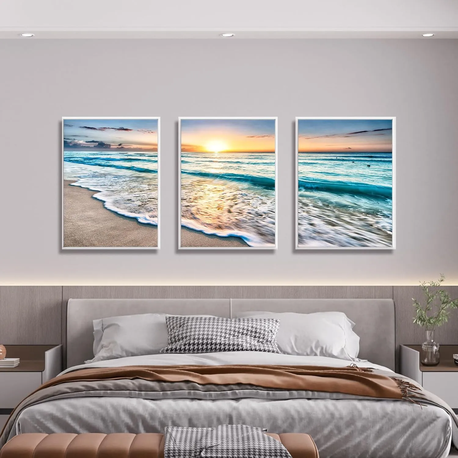 Daktenn 3-Piece Canvas Wall Art for Bedroom - Ocean & Beach Pictures, Sunset Landscape, Coastal Beach Wall Decor (White Framed, 18x24)
