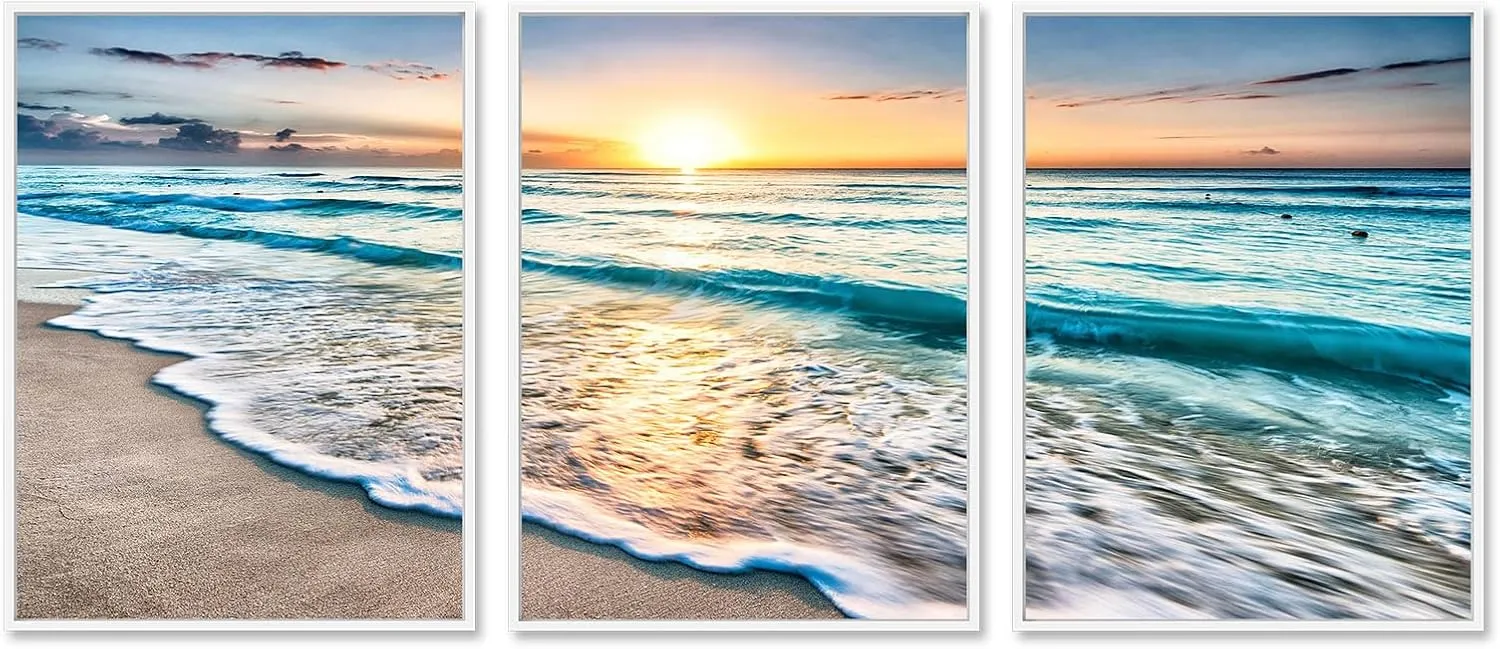 Daktenn 3-Piece Canvas Wall Art for Bedroom - Ocean & Beach Pictures, Sunset Landscape, Coastal Beach Wall Decor (White Framed, 18x24)