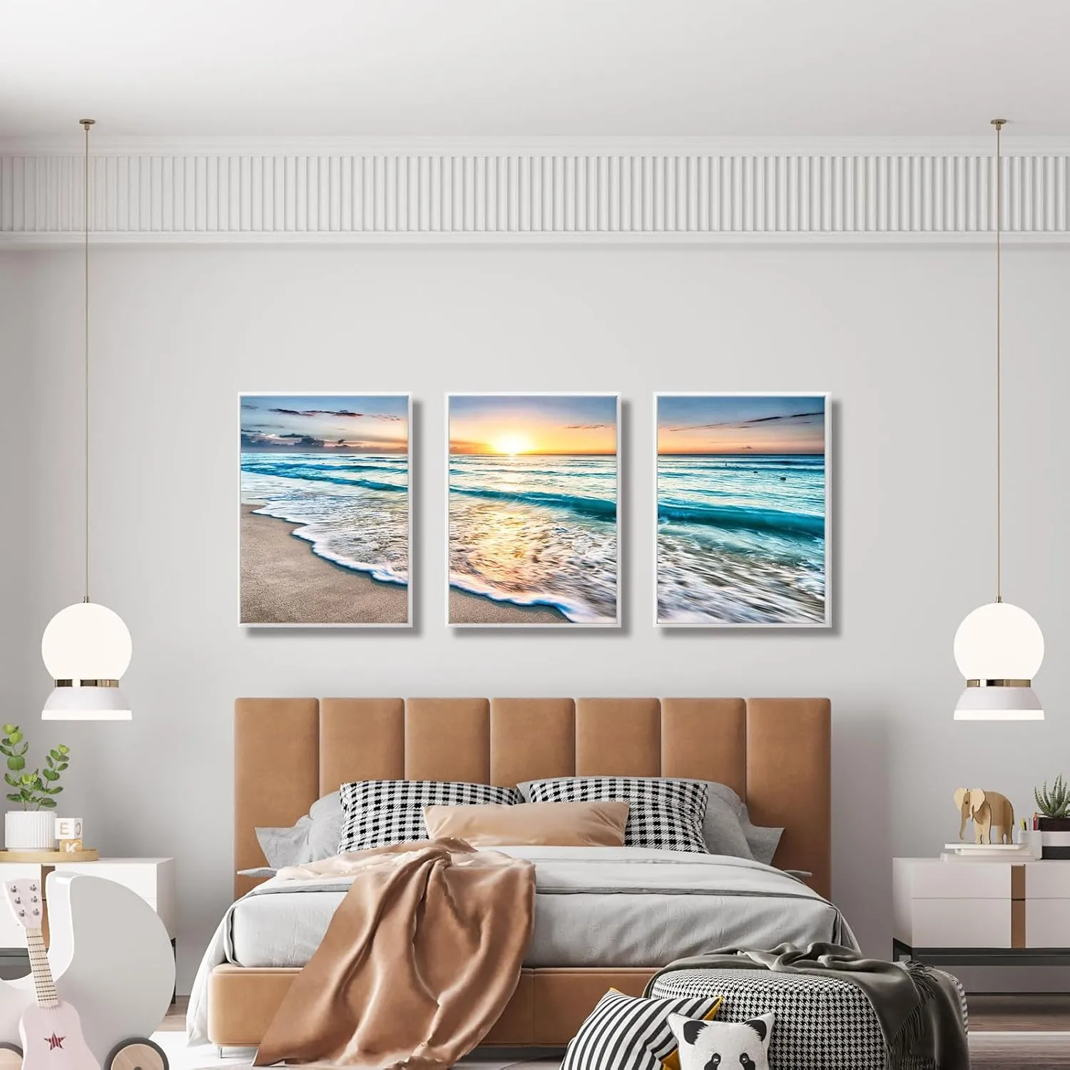 Daktenn 3-Piece Canvas Wall Art for Bedroom - Ocean & Beach Pictures, Sunset Landscape, Coastal Beach Wall Decor (White Framed, 18x24)