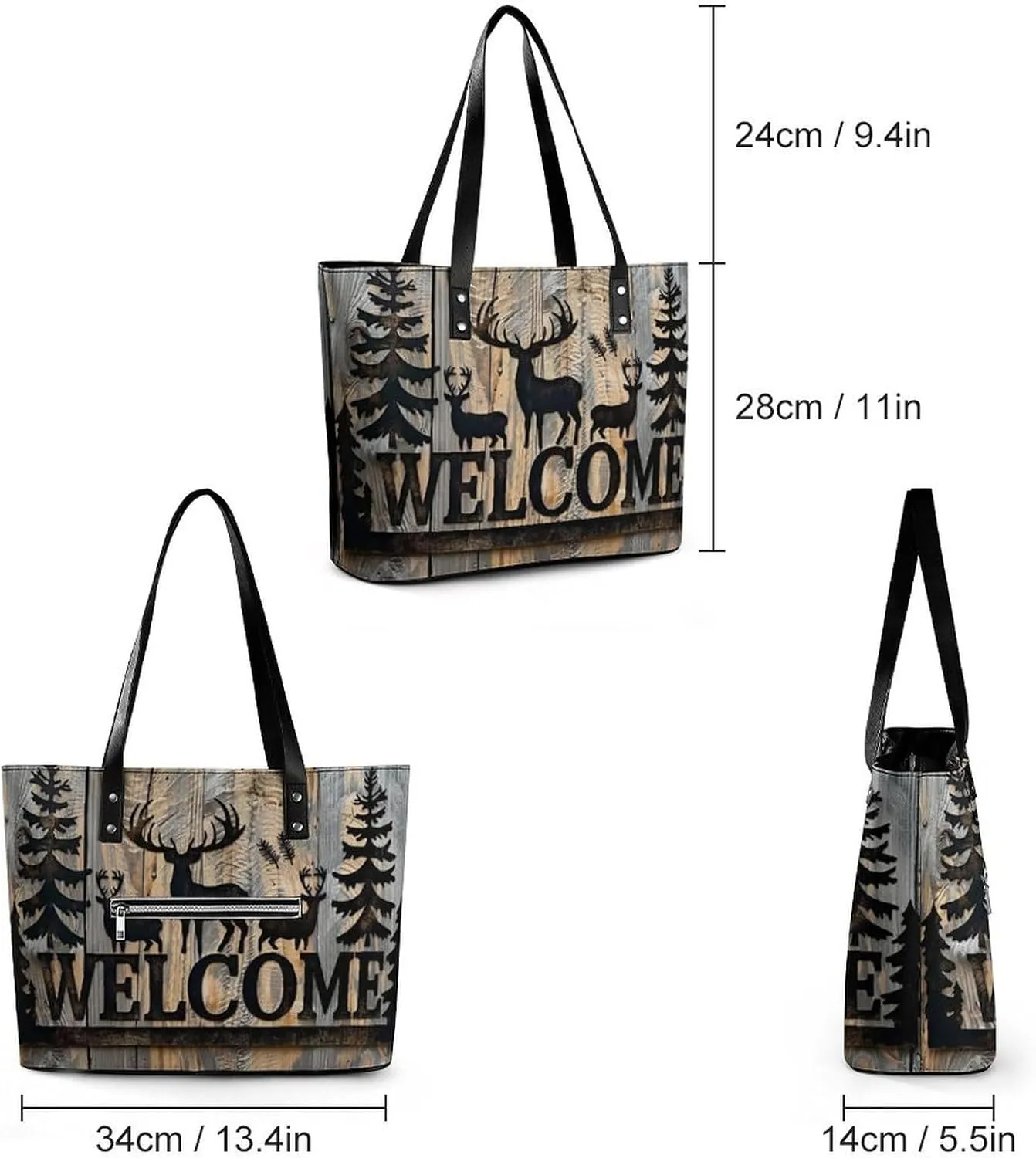 Deer And Pine Tree Silhouette Women Soft Leather Handbags Tote Purses Shoulder Bucket Bags