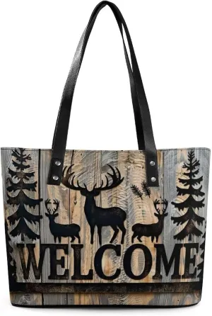 Deer And Pine Tree Silhouette Women Soft Leather Handbags Tote Purses Shoulder Bucket Bags