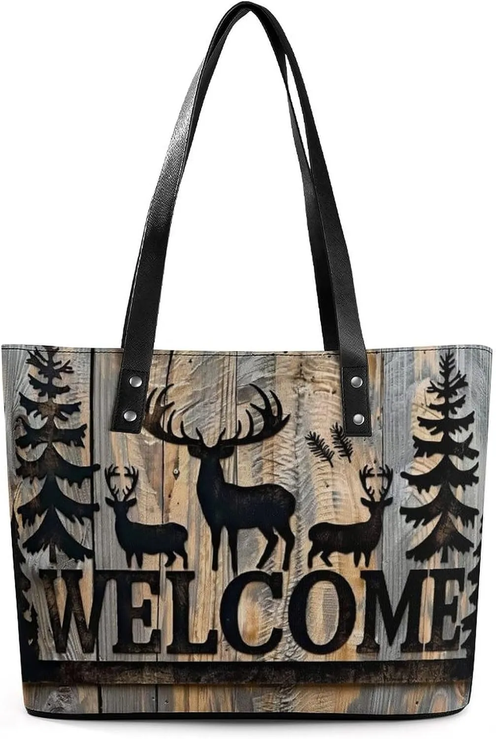Deer And Pine Tree Silhouette Women Soft Leather Handbags Tote Purses Shoulder Bucket Bags