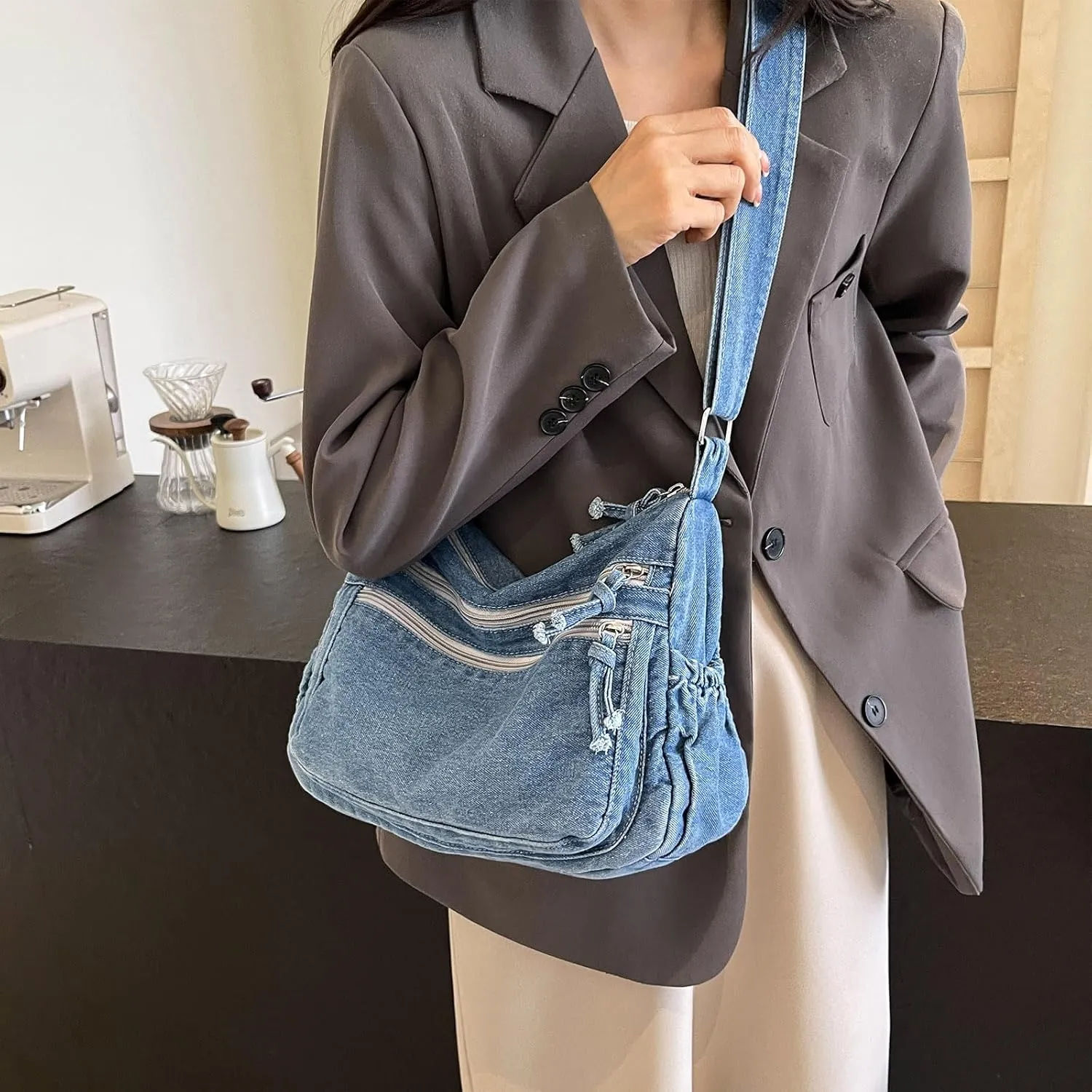 Denim Purses for Women,Canvas Crossbody Bag Purses Men Shoulder Bag Tote Bag with Pockets Handbags Casual Lightweight