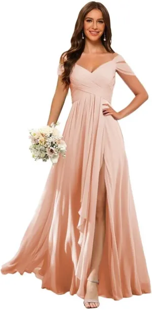 Dessiny Off The Shoulder Bridesmaid Dresses for Women with Slit Pleated Chiffon Formal Evening Dress with Pockets DE01