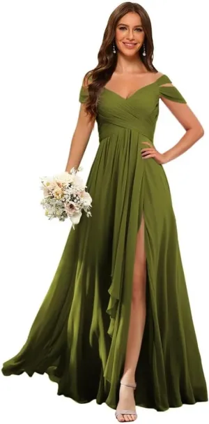 Dessiny Off The Shoulder Bridesmaid Dresses for Women with Slit Pleated Chiffon Formal Evening Dress with Pockets DE01