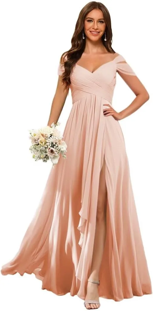 Dessiny Off The Shoulder Bridesmaid Dresses for Women with Slit Pleated Chiffon Formal Evening Dress with Pockets DE01