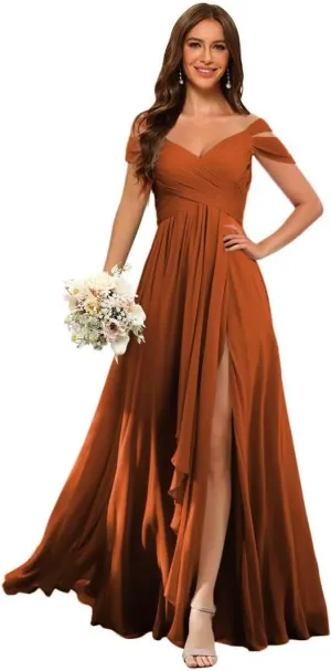 Dessiny Off The Shoulder Bridesmaid Dresses for Women with Slit Pleated Chiffon Formal Evening Dress with Pockets DE01