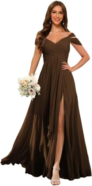 Dessiny Off The Shoulder Bridesmaid Dresses for Women with Slit Pleated Chiffon Formal Evening Dress with Pockets DE01