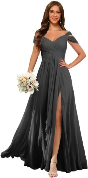 Dessiny Off The Shoulder Bridesmaid Dresses for Women with Slit Pleated Chiffon Formal Evening Dress with Pockets DE01