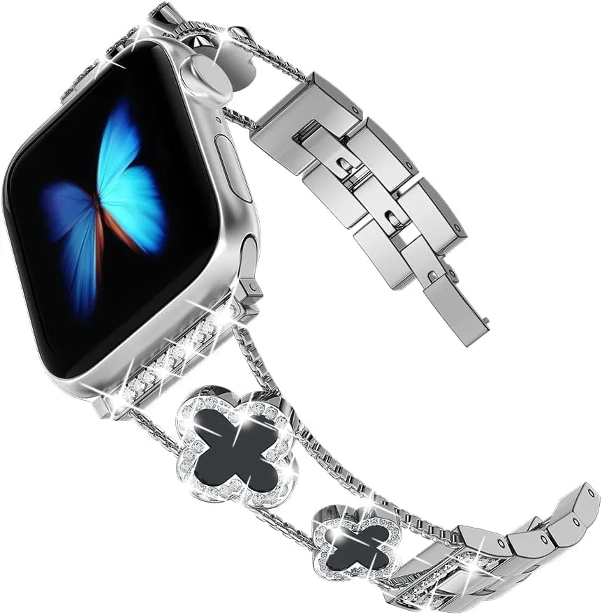 Diamond Metal Bands Add Sparkle to Your Watch For Apple Watch Series 10/9/8/7/6/5/4/3/2/1SE/Ultra Clover Simple and Stylish Compatible with 38mm40mm41mm42mm44mm45mm 46mm49mm Women's Wear