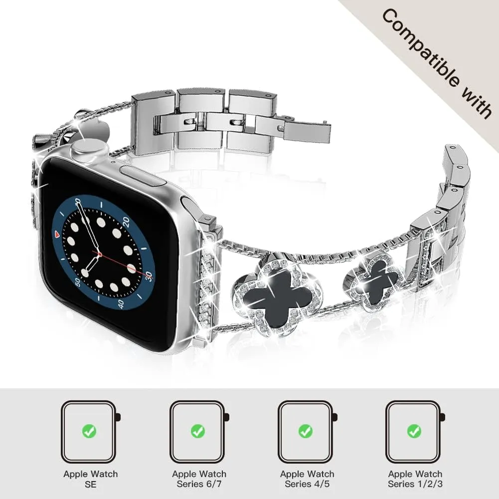 Diamond Metal Bands Add Sparkle to Your Watch For Apple Watch Series 10/9/8/7/6/5/4/3/2/1SE/Ultra Clover Simple and Stylish Compatible with 38mm40mm41mm42mm44mm45mm 46mm49mm Women's Wear