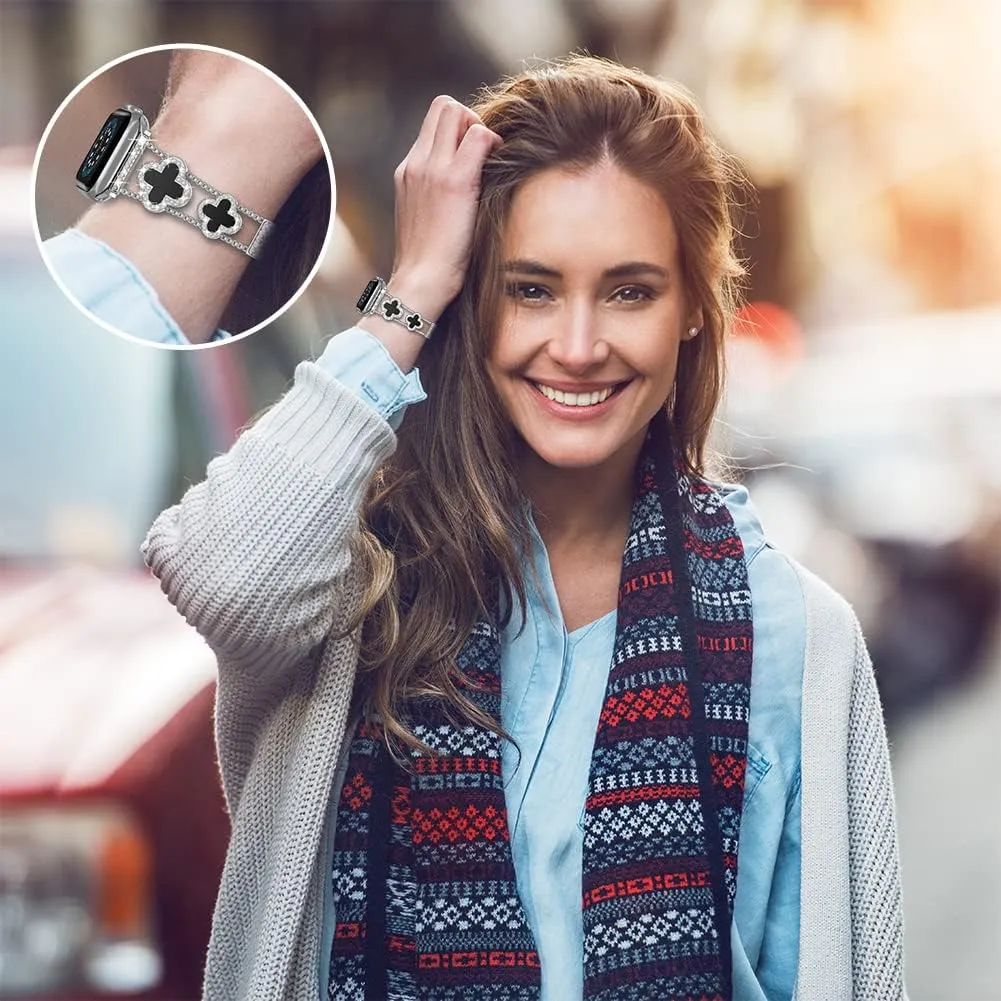 Diamond Metal Bands Add Sparkle to Your Watch For Apple Watch Series 10/9/8/7/6/5/4/3/2/1SE/Ultra Clover Simple and Stylish Compatible with 38mm40mm41mm42mm44mm45mm 46mm49mm Women's Wear