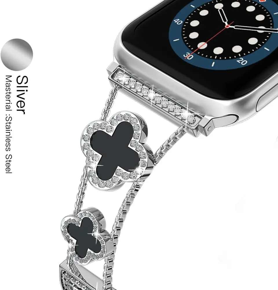 Diamond Metal Bands Add Sparkle to Your Watch For Apple Watch Series 10/9/8/7/6/5/4/3/2/1SE/Ultra Clover Simple and Stylish Compatible with 38mm40mm41mm42mm44mm45mm 46mm49mm Women's Wear