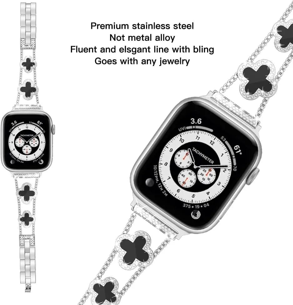 Diamond Metal Bands Add Sparkle to Your Watch For Apple Watch Series 10/9/8/7/6/5/4/3/2/1SE/Ultra Clover Simple and Stylish Compatible with 38mm40mm41mm42mm44mm45mm 46mm49mm Women's Wear
