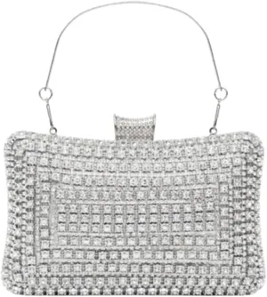 Diamonds Clutch Bag - Elegant Evening Bag Adorned with Radian Sequins - Made of PU Leather Inlaid   Gemstones for Brides, Party-goers & Proms - Silver