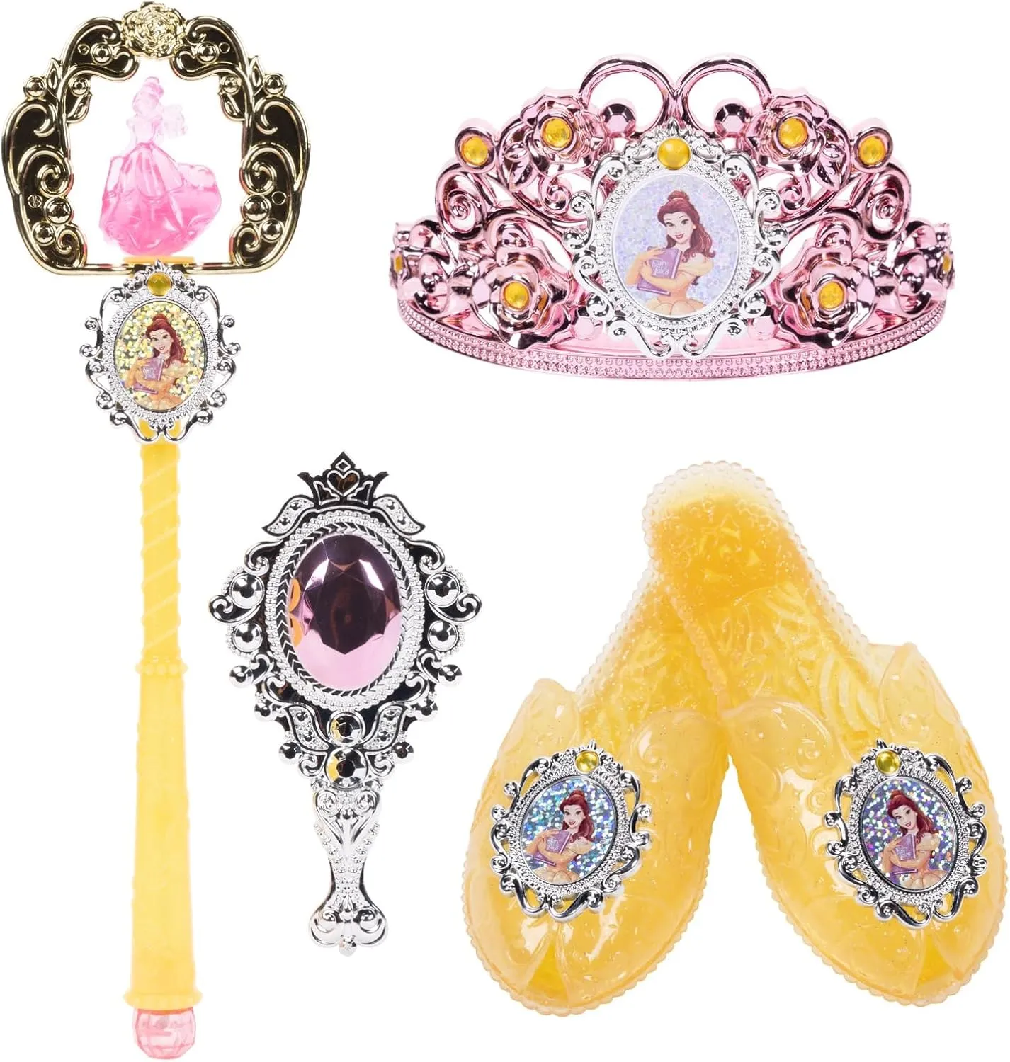 Disney Princess Dress Up Accessory Set Belle Tiara, Shoes, Wand and Comb Set for Little Girls Role Play Time Costume Toys for 3-6 Years