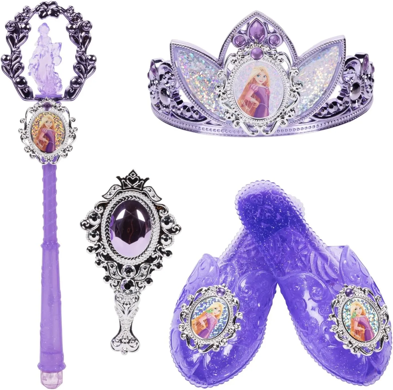 Disney Princess Dress Up Accessory Set Rapunzel Tiara, Shoes, Wand and Comb Set for Little Girls Role Play Time Costume Toys for 3-6 Years