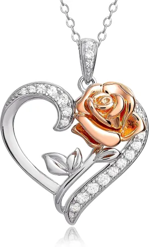 Disney Women's Sterling Silver Necklace Collection – Featuring Princess Tiara, Beauty and the Beast Rose, and 3D Tinkerbell Pendants, Officially Licensed