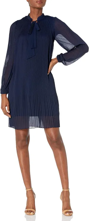 DKNY Women's Long Sleeve Tie Neck Pleated Dress