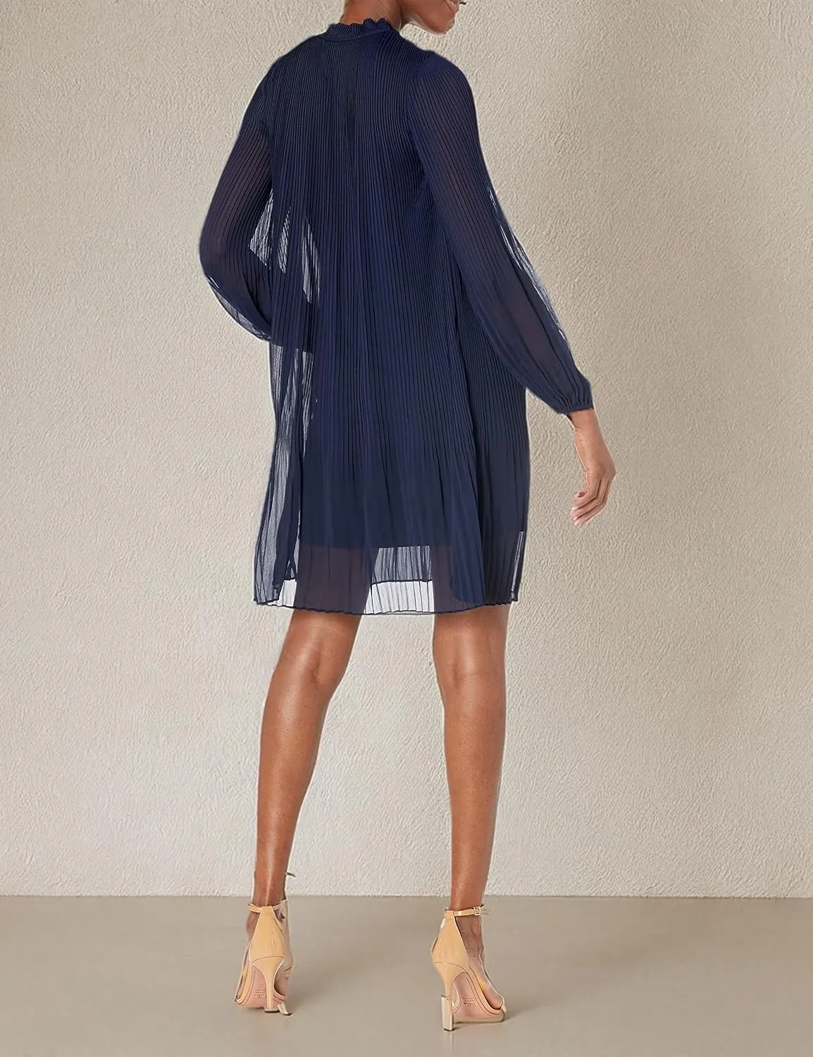 DKNY Women's Long Sleeve Tie Neck Pleated Dress