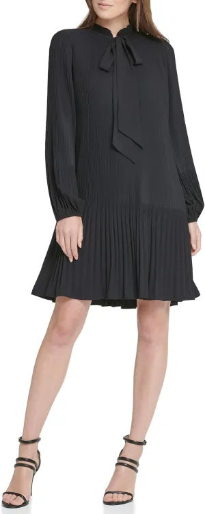 DKNY Women's Long Sleeve Tie Neck Pleated Dress