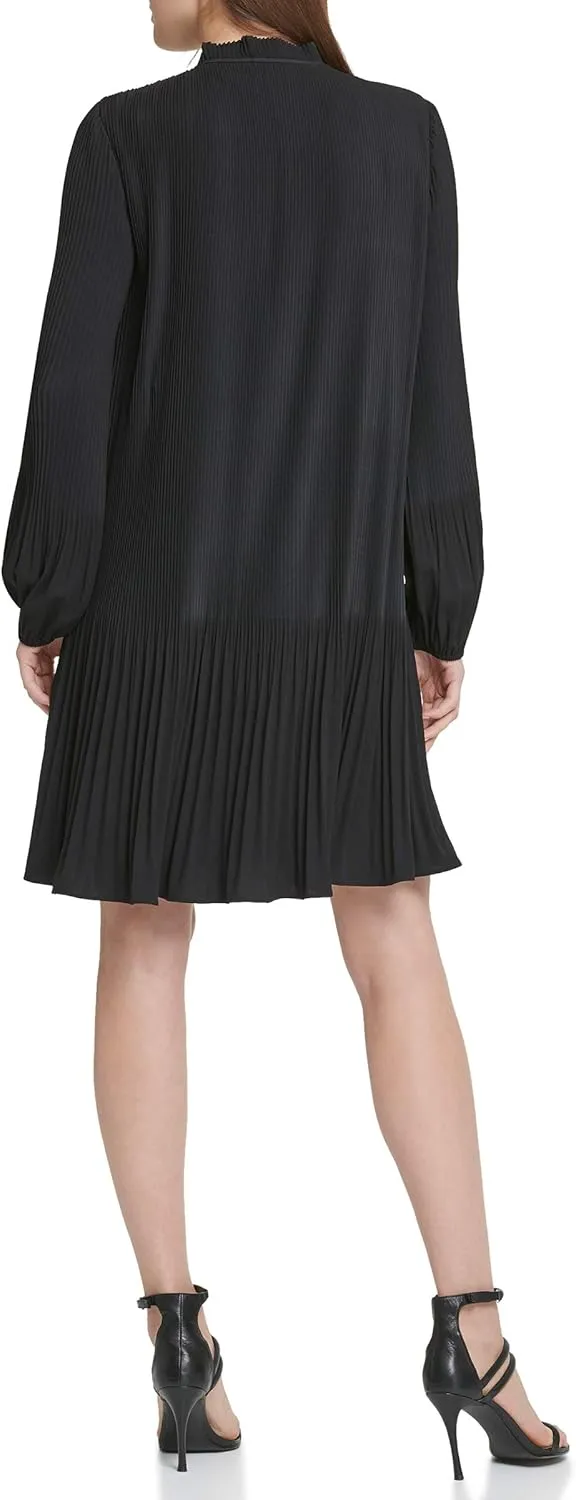 DKNY Women's Long Sleeve Tie Neck Pleated Dress