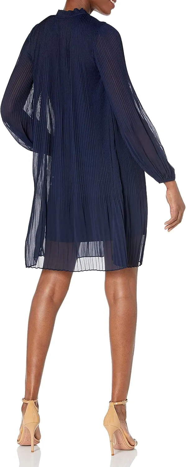 DKNY Women's Long Sleeve Tie Neck Pleated Dress