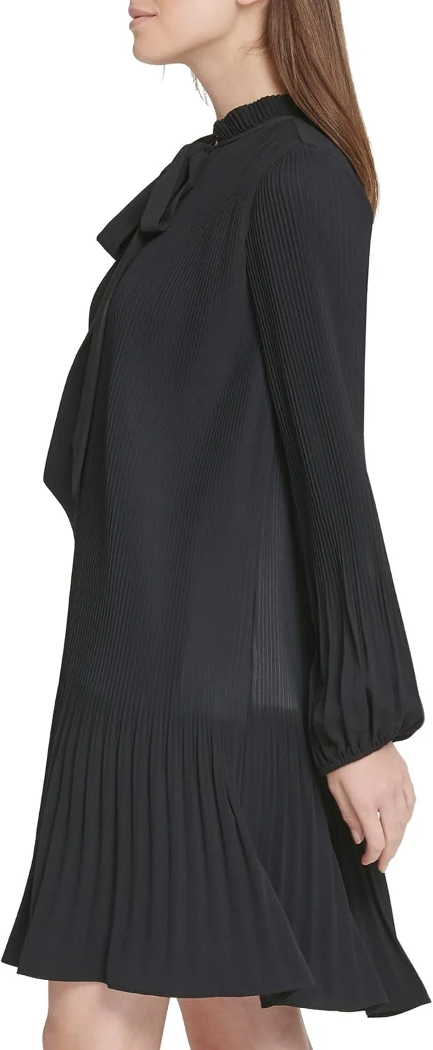 DKNY Women's Long Sleeve Tie Neck Pleated Dress