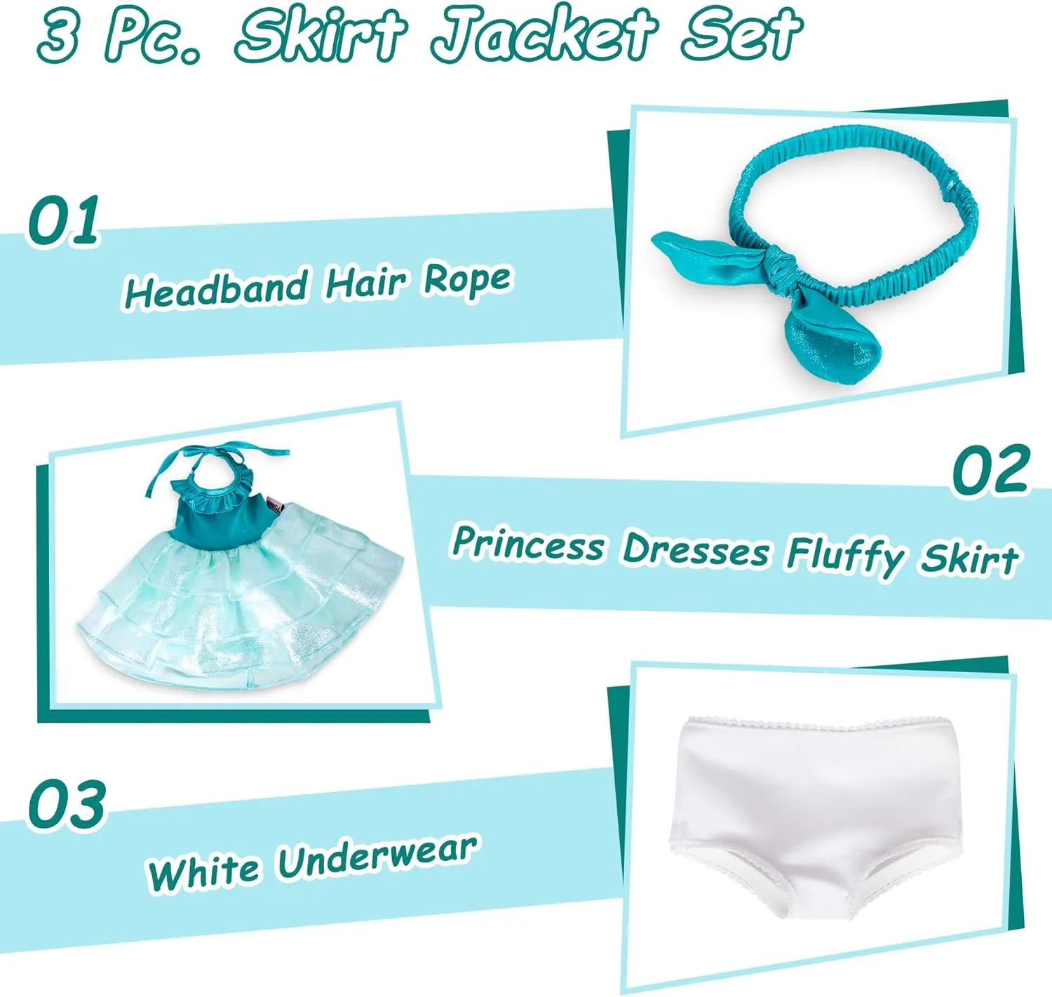 Doll Clothes Accessories 3 Pcs Set with Blue Princess Dresses Fluffy Skirt & White Underwear & Blue Headband Hair Rope (Doll & Shoes Not Included)