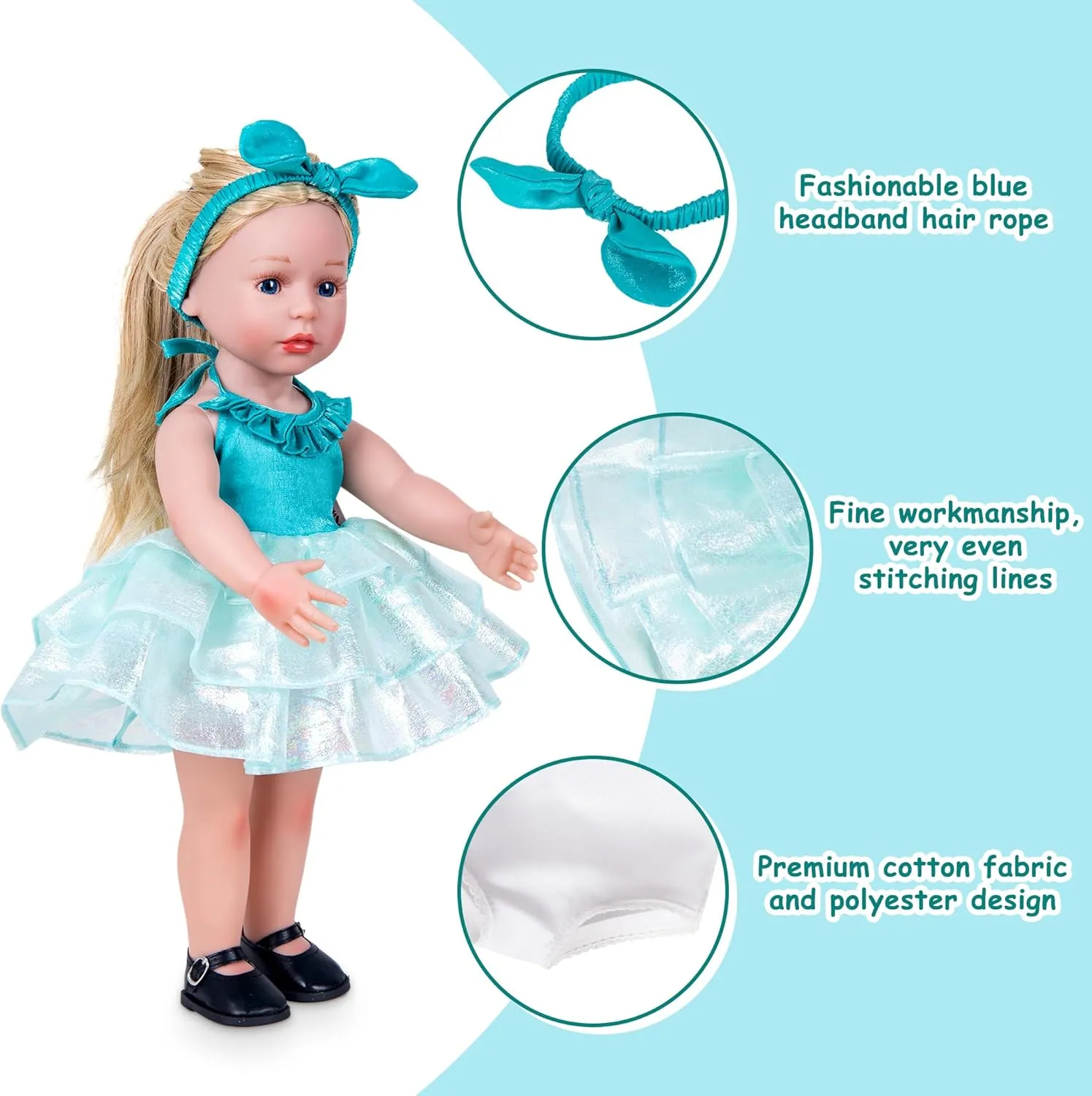 Doll Clothes Accessories 3 Pcs Set with Blue Princess Dresses Fluffy Skirt & White Underwear & Blue Headband Hair Rope (Doll & Shoes Not Included)
