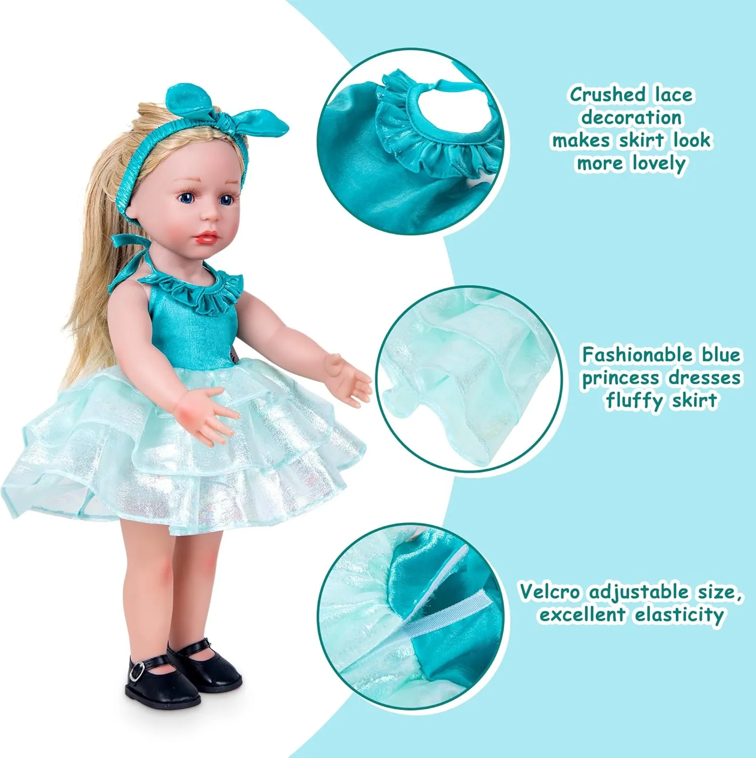 Doll Clothes Accessories 3 Pcs Set with Blue Princess Dresses Fluffy Skirt & White Underwear & Blue Headband Hair Rope (Doll & Shoes Not Included)