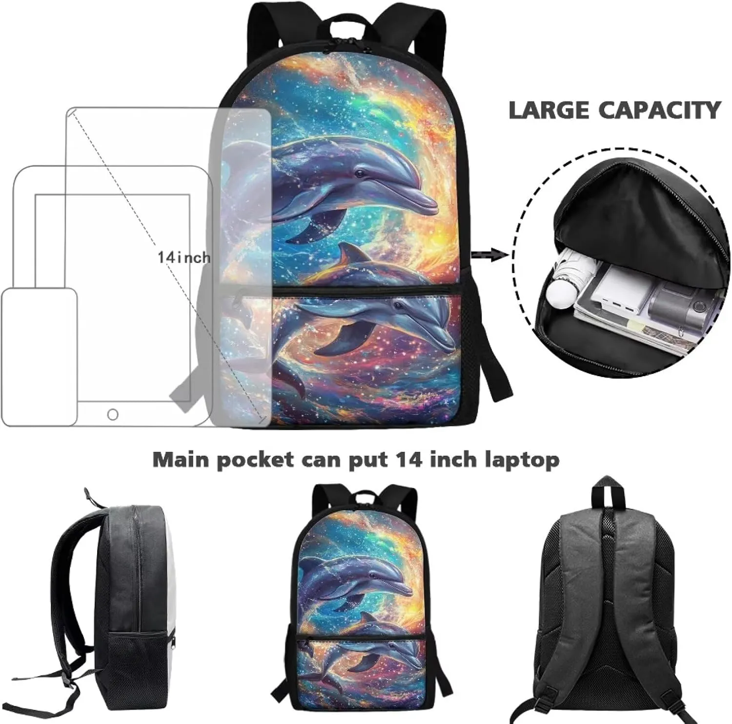 Dolphin Boys Backpack 10-12 Years Old Travel Primary School Students Knapsack Satchel Large Capacity Daypack Bags with Front Zipper Pocket