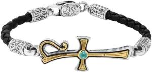 Dome Sterling Silver & 18K Gold Blue Spinel Black Leather Bracelet BKJ701-478-BLK