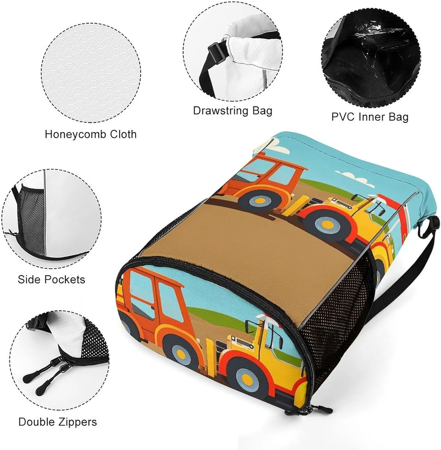 Drawstring Backpack Sports Gym Swim Bag with Shoes Compartment Cartoon Construction Vehicle Machinery Excavator Tractor Stuff Sack
