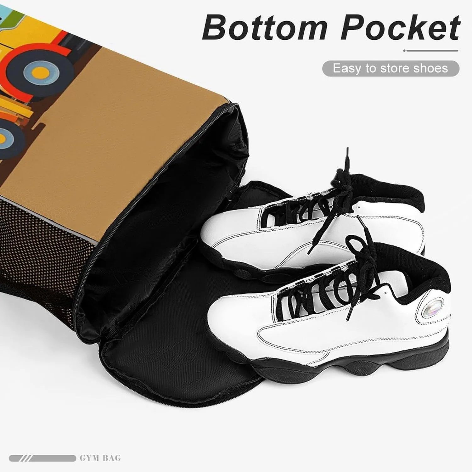 Drawstring Backpack Sports Gym Swim Bag with Shoes Compartment Cartoon Construction Vehicle Machinery Excavator Tractor Stuff Sack