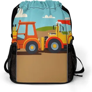 Drawstring Backpack Sports Gym Swim Bag with Shoes Compartment Cartoon Construction Vehicle Machinery Excavator Tractor Stuff Sack