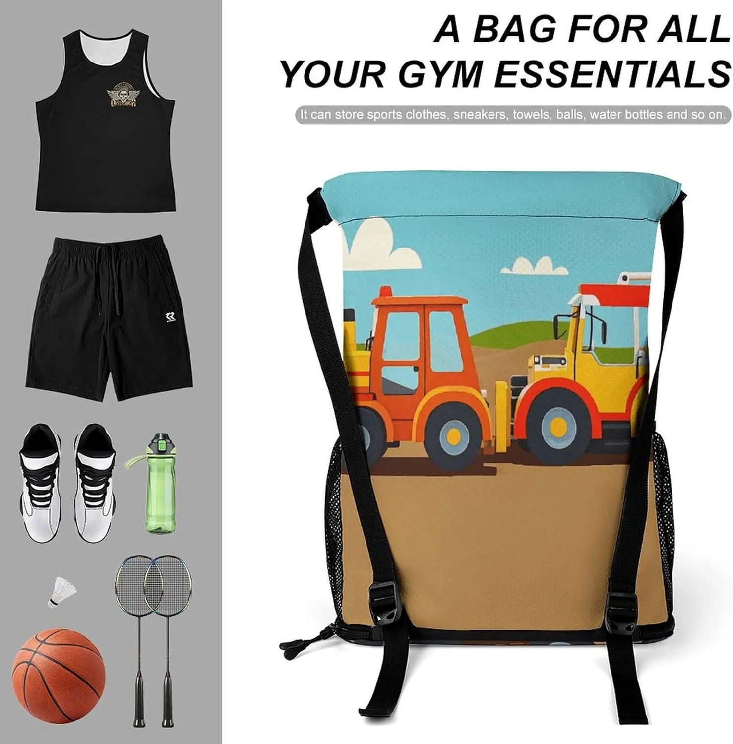 Drawstring Backpack Sports Gym Swim Bag with Shoes Compartment Cartoon Construction Vehicle Machinery Excavator Tractor Stuff Sack