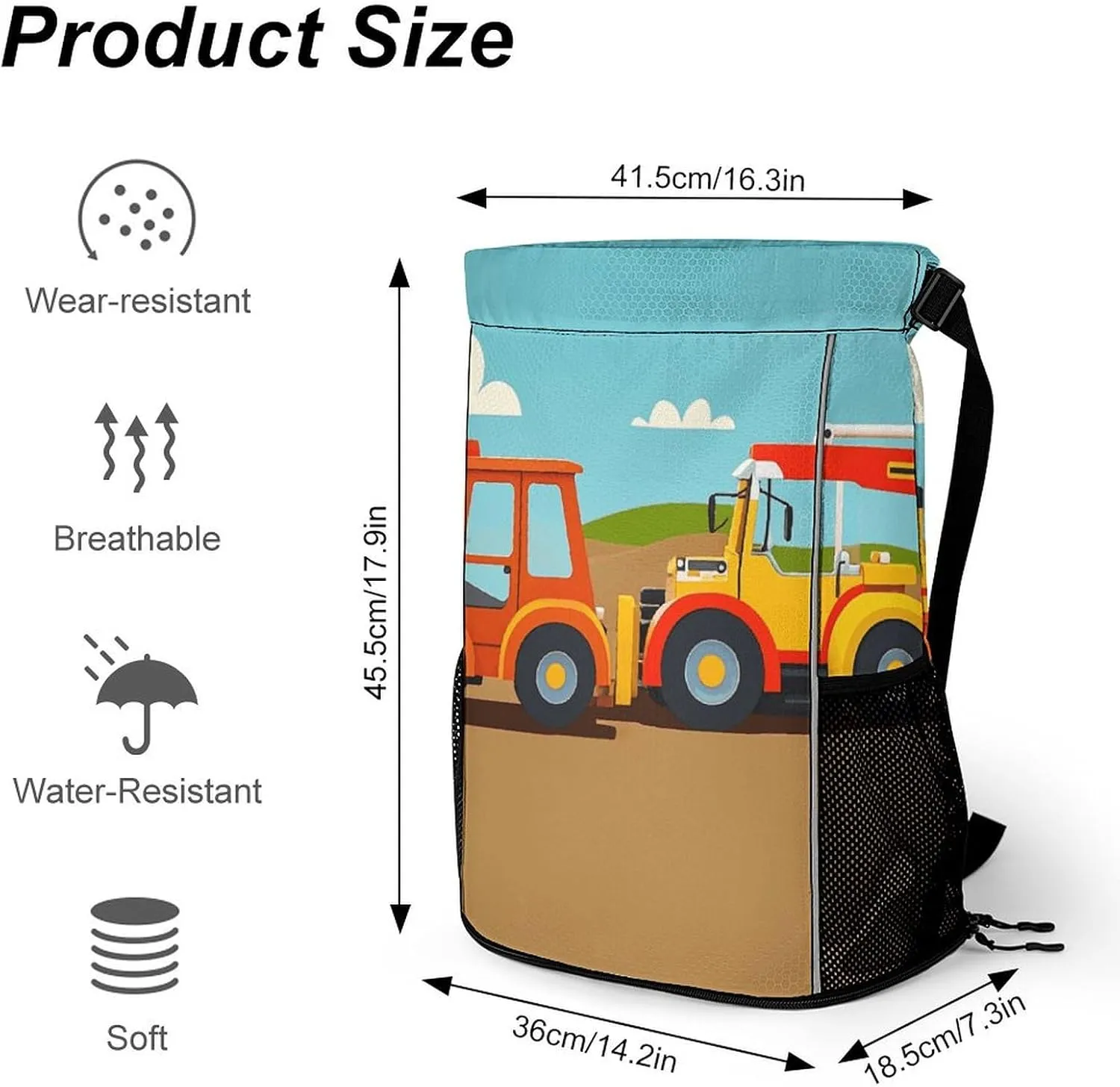 Drawstring Backpack Sports Gym Swim Bag with Shoes Compartment Cartoon Construction Vehicle Machinery Excavator Tractor Stuff Sack