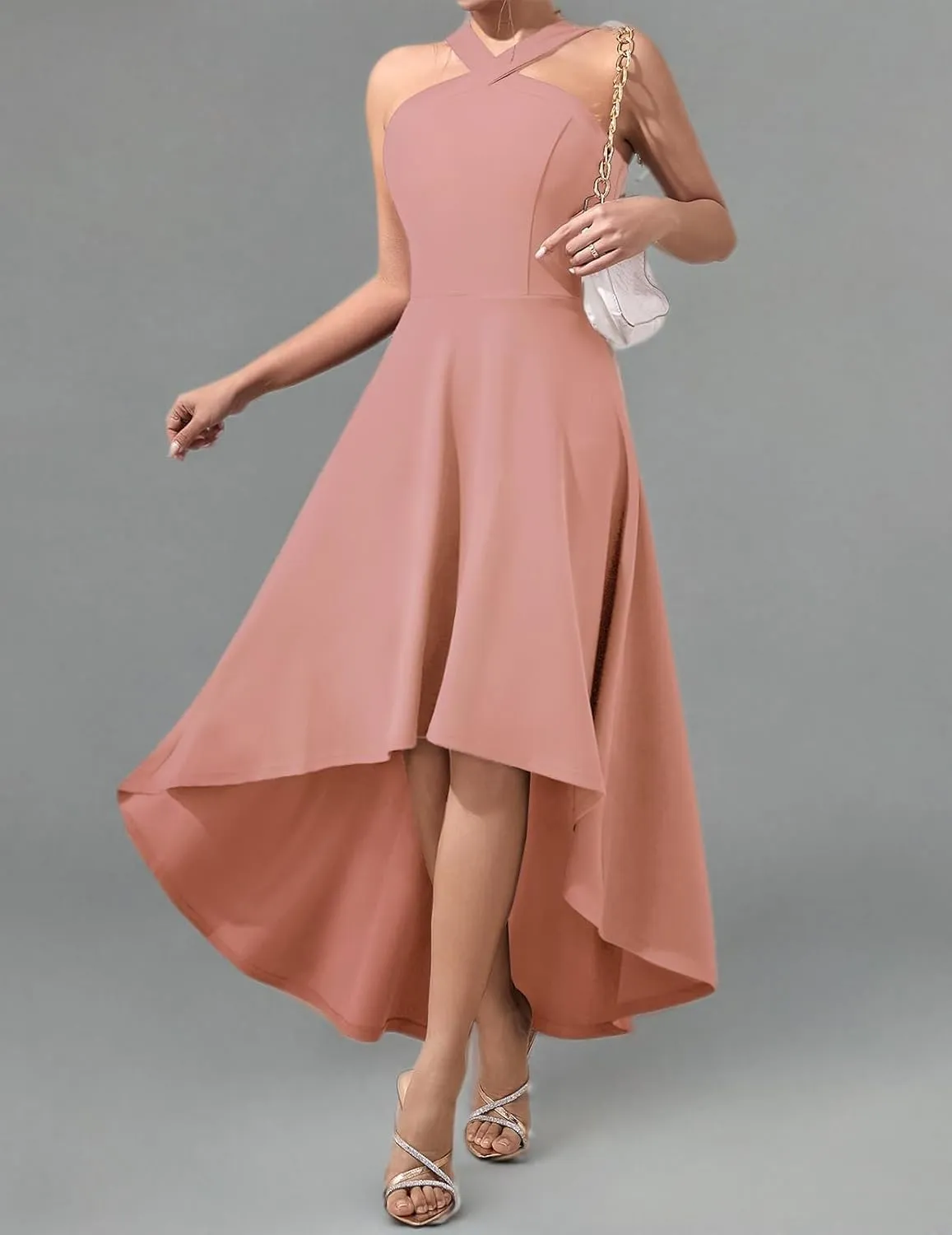 DRESSTELLS Women Cocktail Formal Dresses 2025 Summer Wedding Guest Halter High Low Party Dress