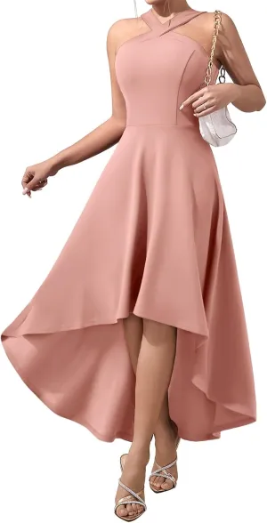 DRESSTELLS Women Cocktail Formal Dresses 2025 Summer Wedding Guest Halter High Low Party Dress