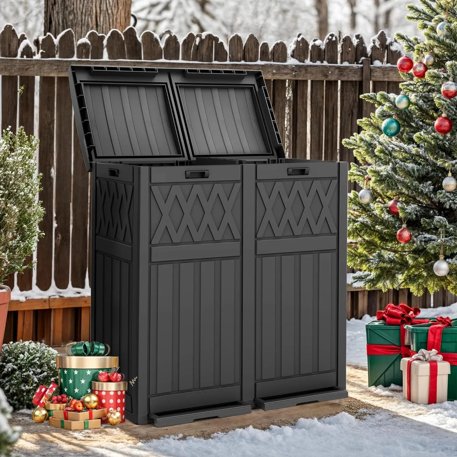 DWVO 76 Gallon Garbage Dual Can, Resin Outdoor Trash Can with Tiered Lid and Drip Tray, Waterproof Trash Bin for Patio, Kitchen, Backyard (Black)