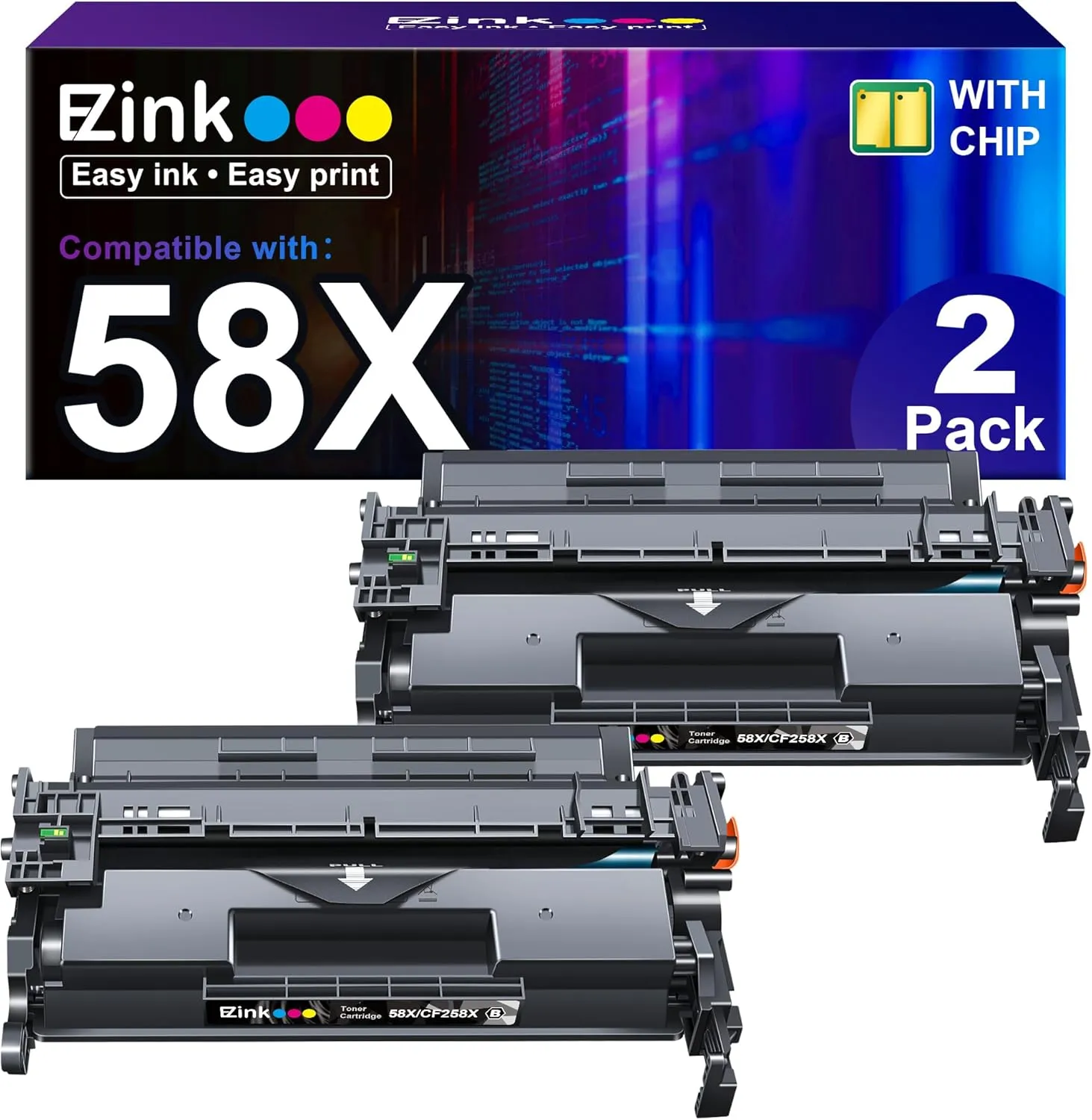 E-Z Ink 58X CF258X Compatible Replacement for HP 58X CF258X 58A CF258A Toner Cartridge Black with Laserjet MFP M428fdw M428fdn M428dw M404 M428 Pro M404n M404dn M404dw Printer(2 Black with Chip)