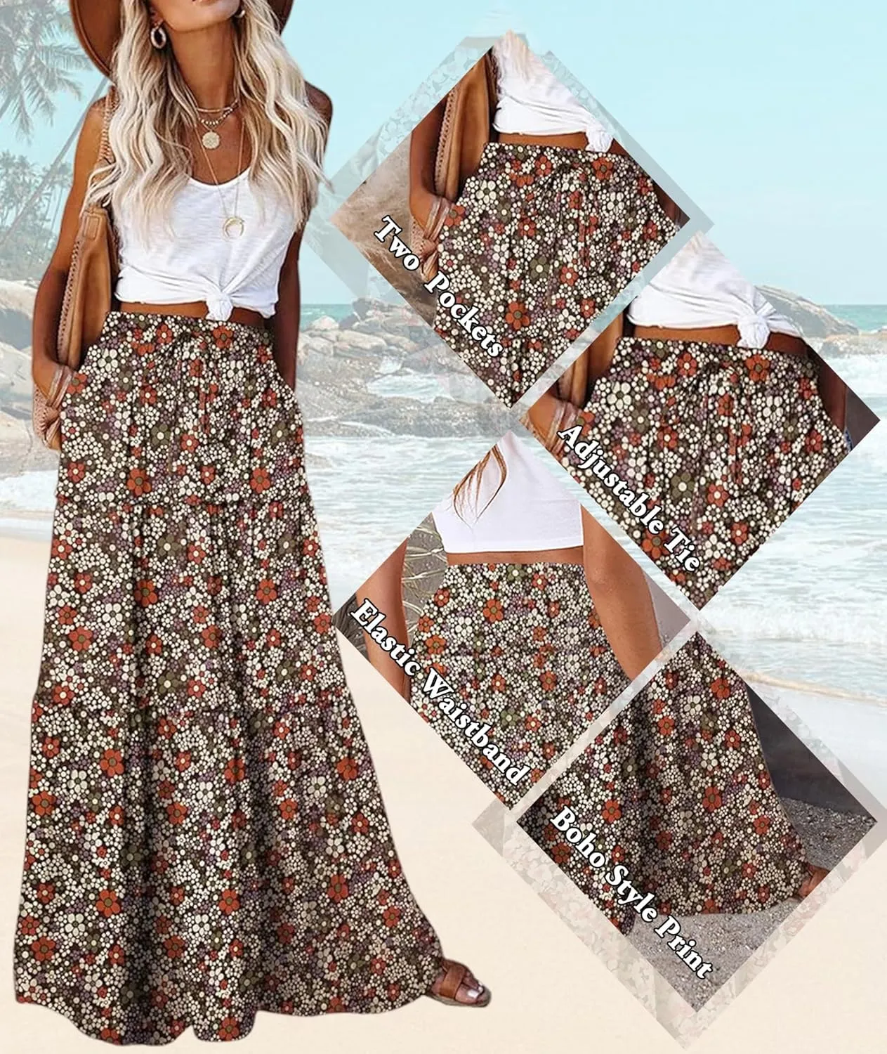 EARKOHA Womens Casual High Waist Tie Paisley Print Long Maxi Skirt with Pockets