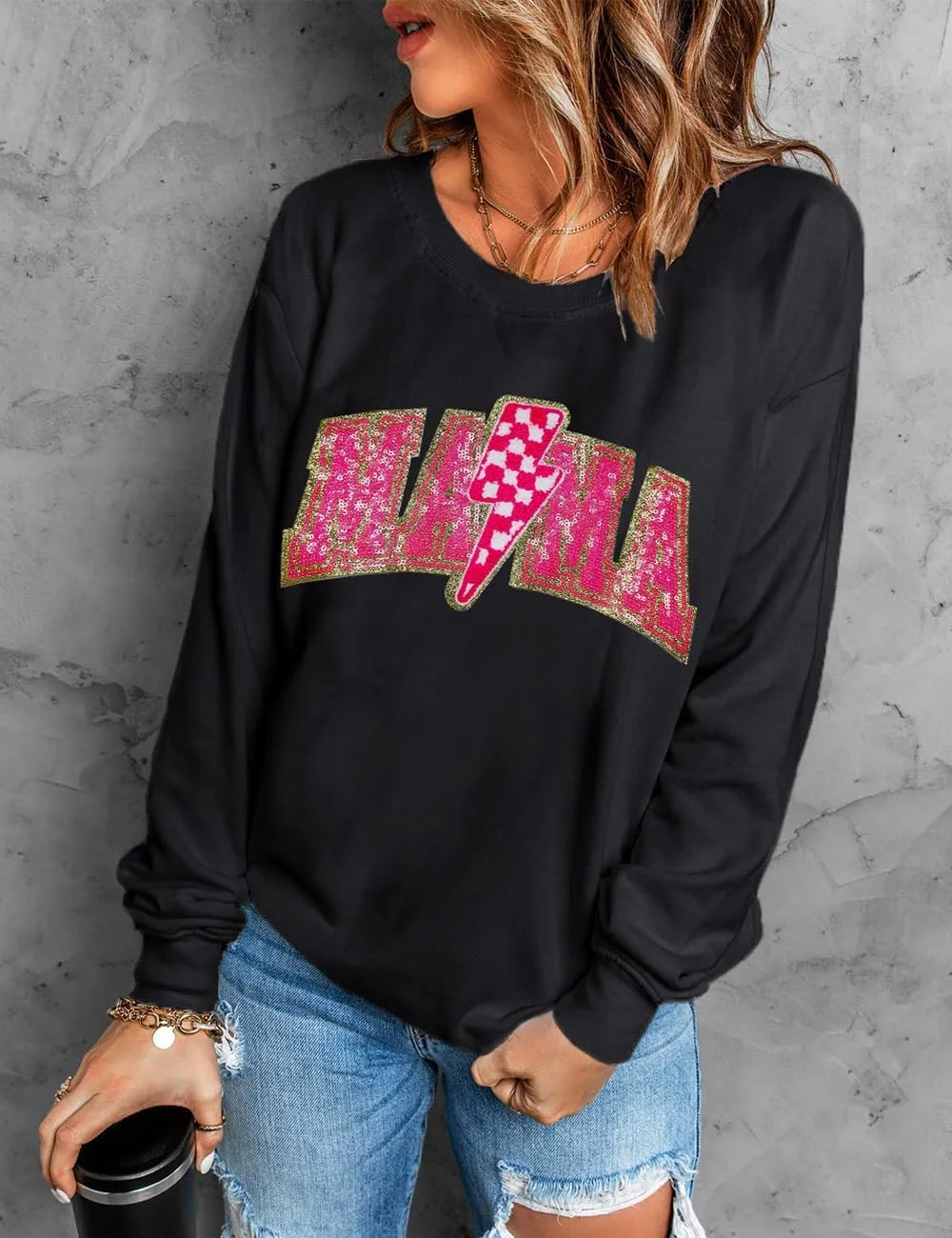 Ecosunny Women's Casual Holiday Mardi Gras Sweatshirt Sequin Print Round Neck Long Sleeve Loose Pullover Tops