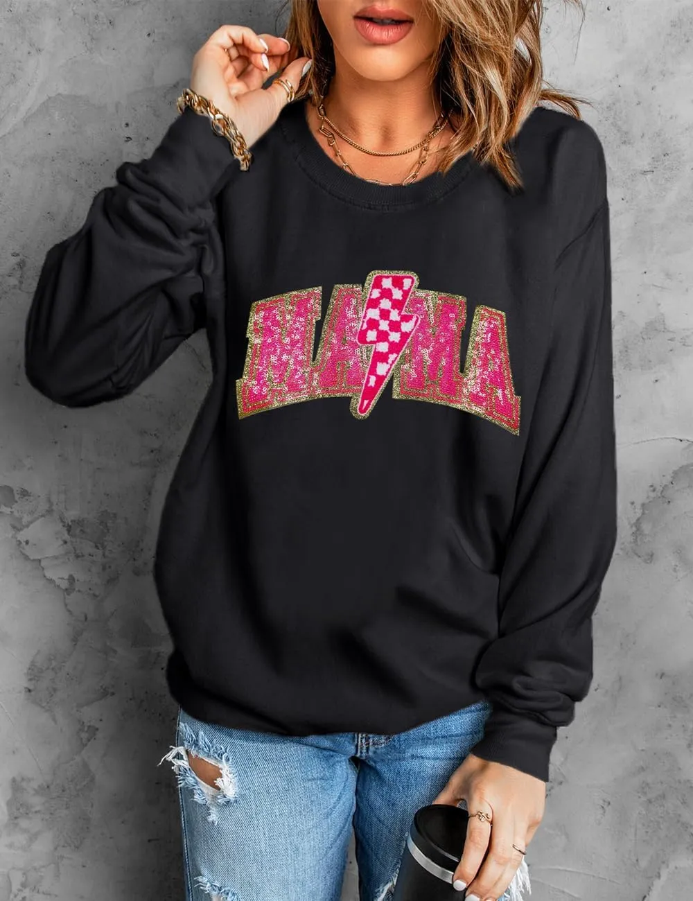 Ecosunny Women's Casual Holiday Mardi Gras Sweatshirt Sequin Print Round Neck Long Sleeve Loose Pullover Tops