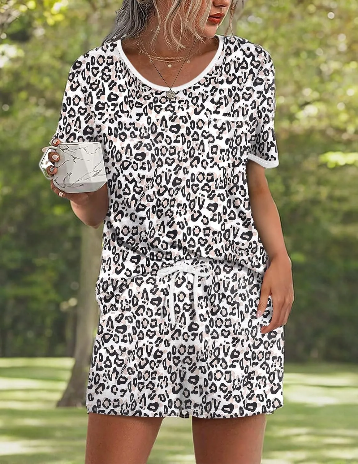 Ekouaer Pajama Set for Women 2 Piece Lounge Set Short Sleeve Tops and Shorts Soft Sleepwear, Chest Pocket